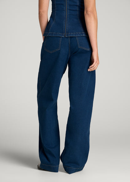 Wide Leg Pleated Denim Trousers for Tall Women in New Colorado Blue
