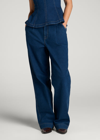Wide Leg Pleated Denim Trousers for Tall Women in New Colorado Blue
