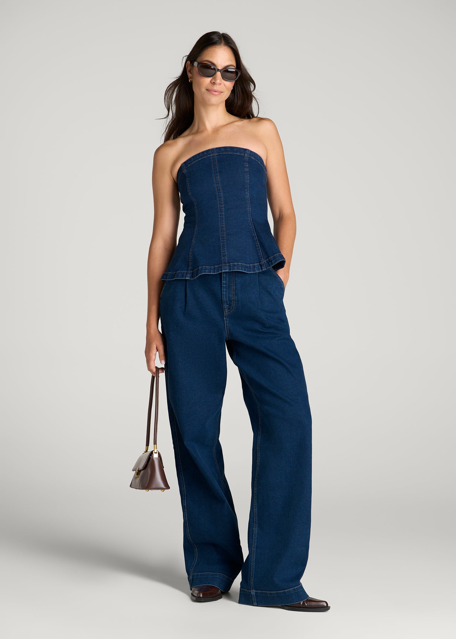 Wide Leg Pleated Denim Trousers for Tall Women in New Colorado Blue