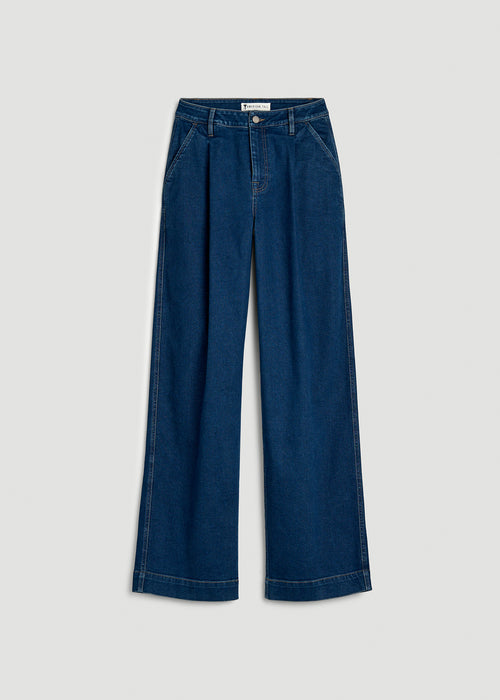 Wide Leg Pleated Denim Trousers for Tall Women in New Colorado Blue