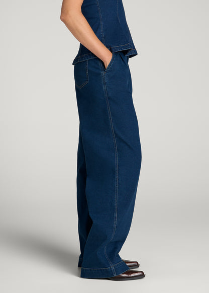 Wide Leg Pleated Denim Trousers for Tall Women in New Colorado Blue