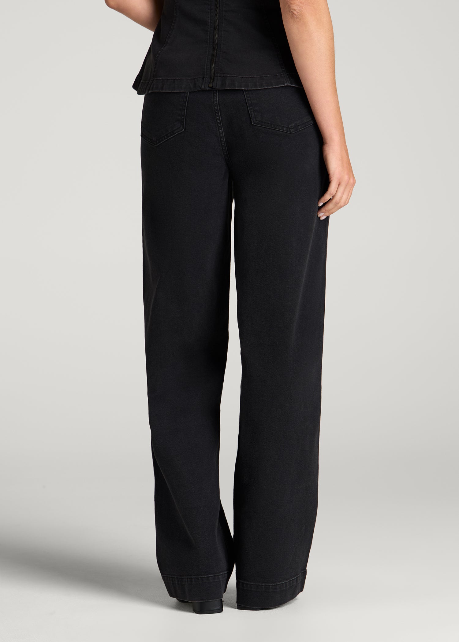 Wide Leg Pleated Denim Trousers for Tall Women in Onyx Black Wash