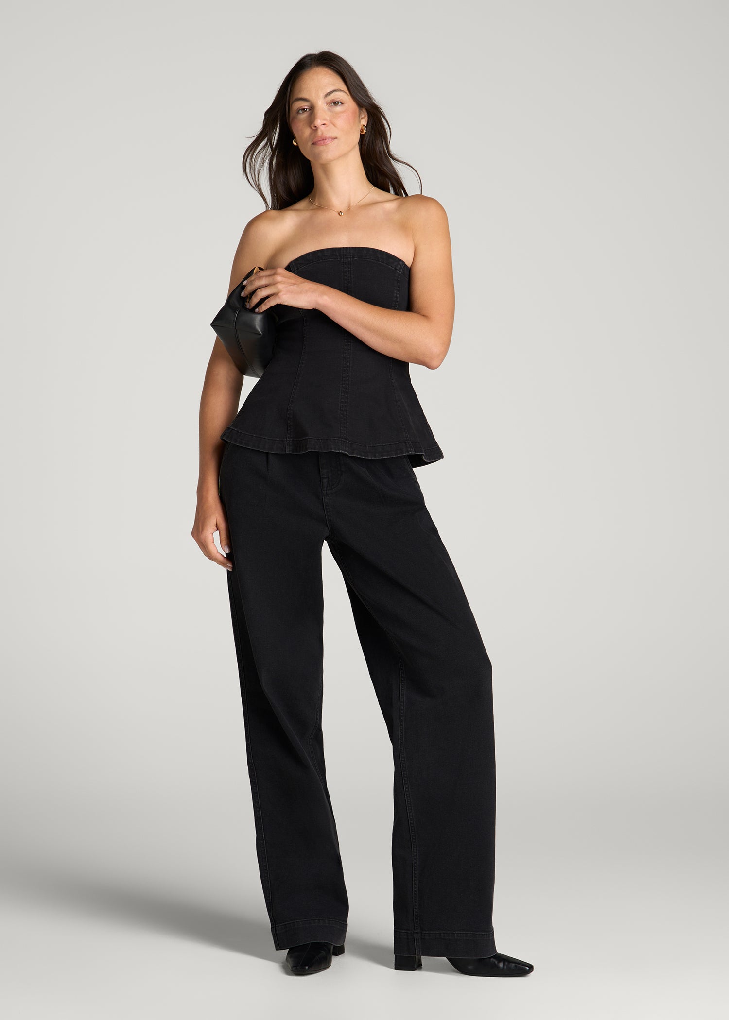 Wide Leg Pleated Denim Trousers for Tall Women in Onyx Black Wash