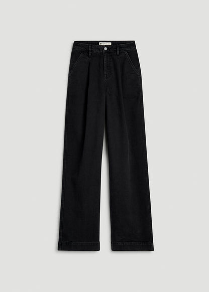 Wide Leg Pleated Denim Trousers for Tall Women in Onyx Black Wash