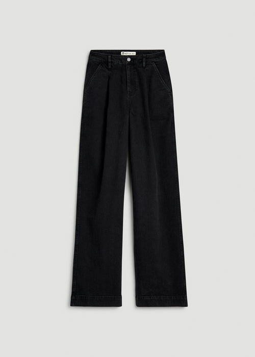 Wide Leg Pleated Denim Trousers for Tall Women in Onyx Black Wash