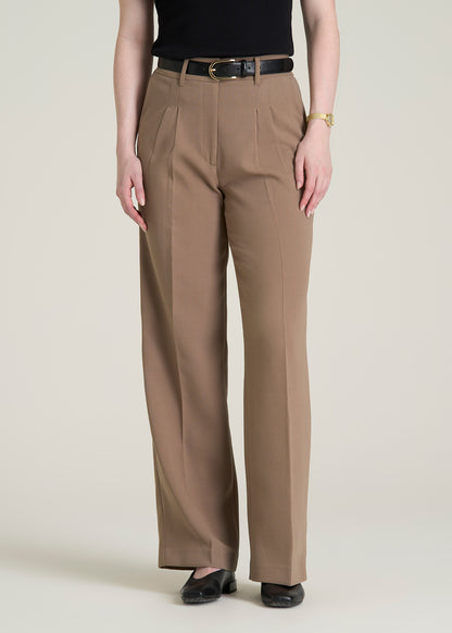 Wide Leg Pleated Dress Pants 2.0 for Tall Women in Warm Brown