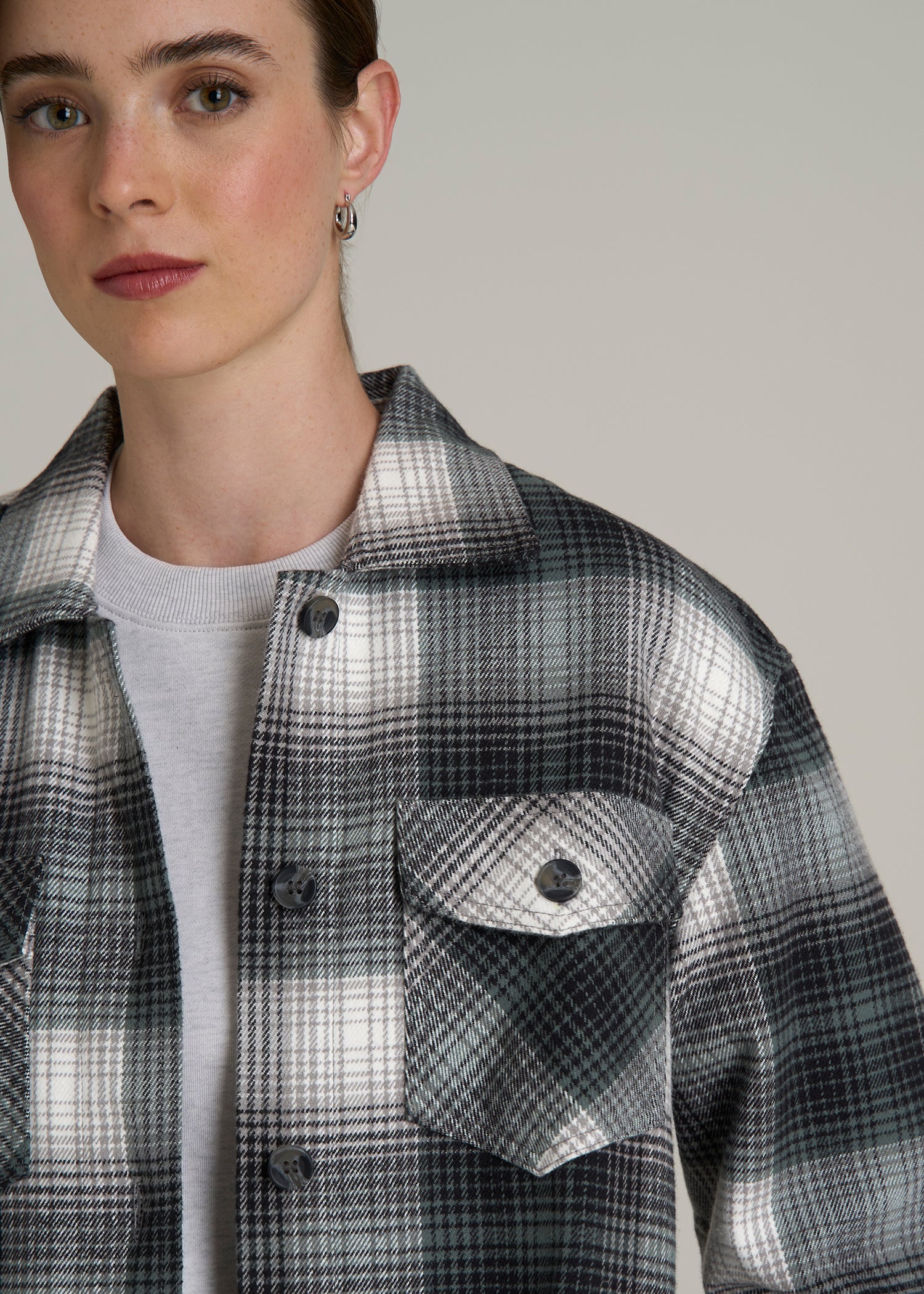 Flannel Shacket for Tall Women in Balsam Green Plaid