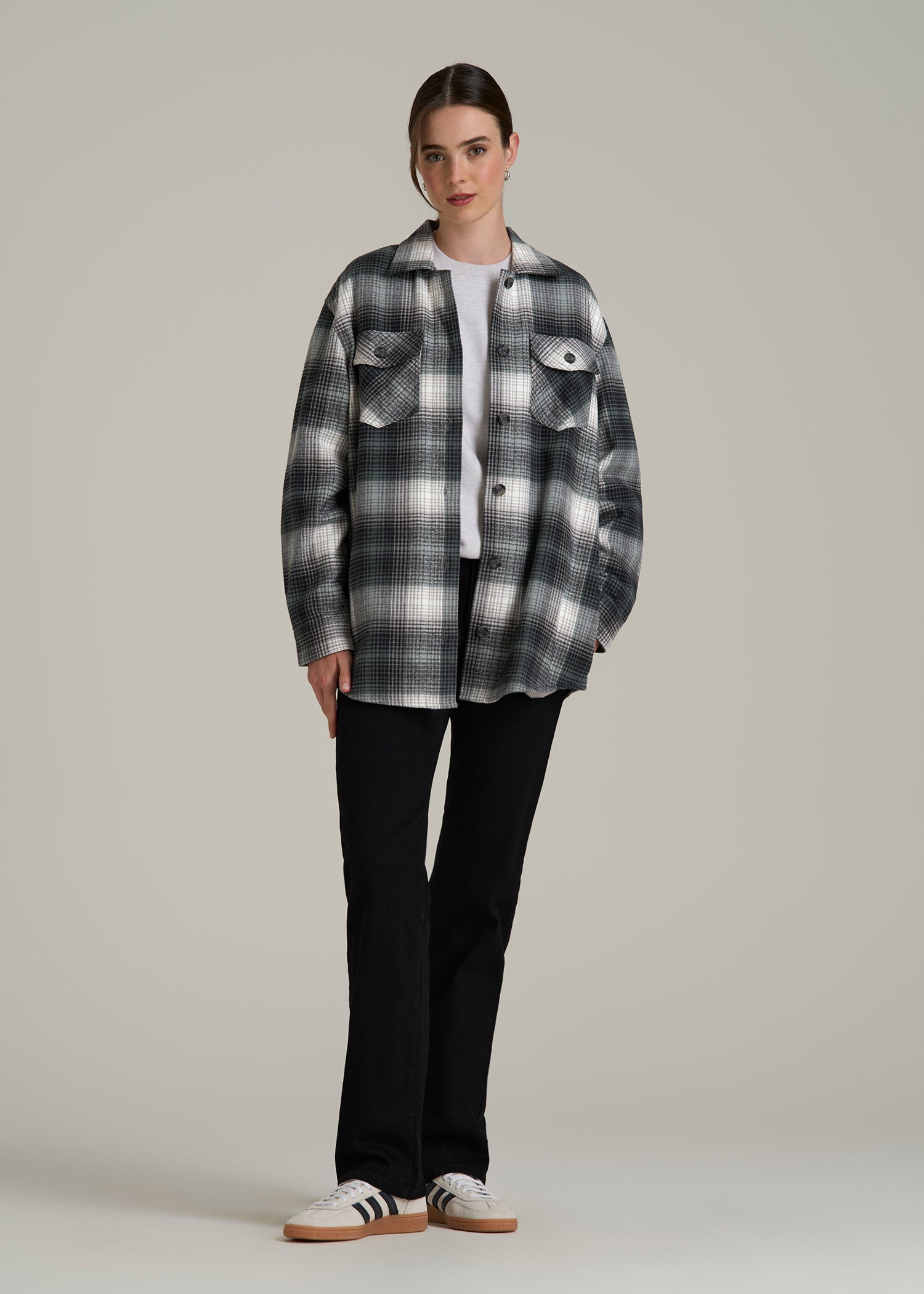 Flannel Shacket for Tall Women in Balsam Green Plaid