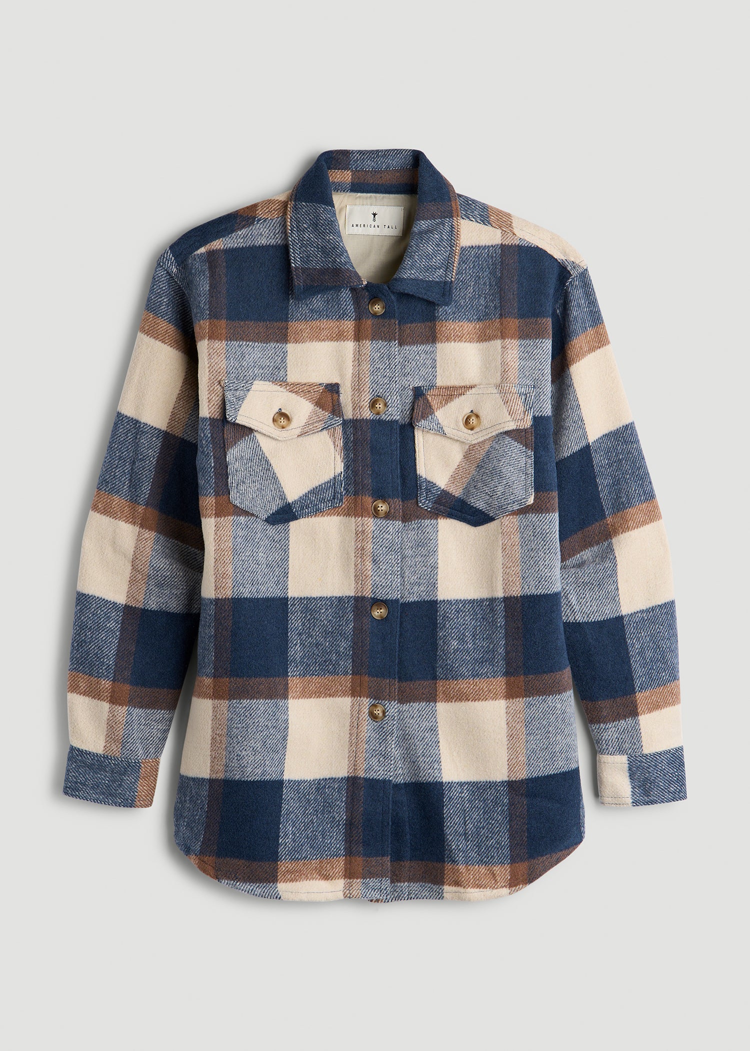 Flannel Shacket for Tall Women in Cream and Denim Blue Plaid