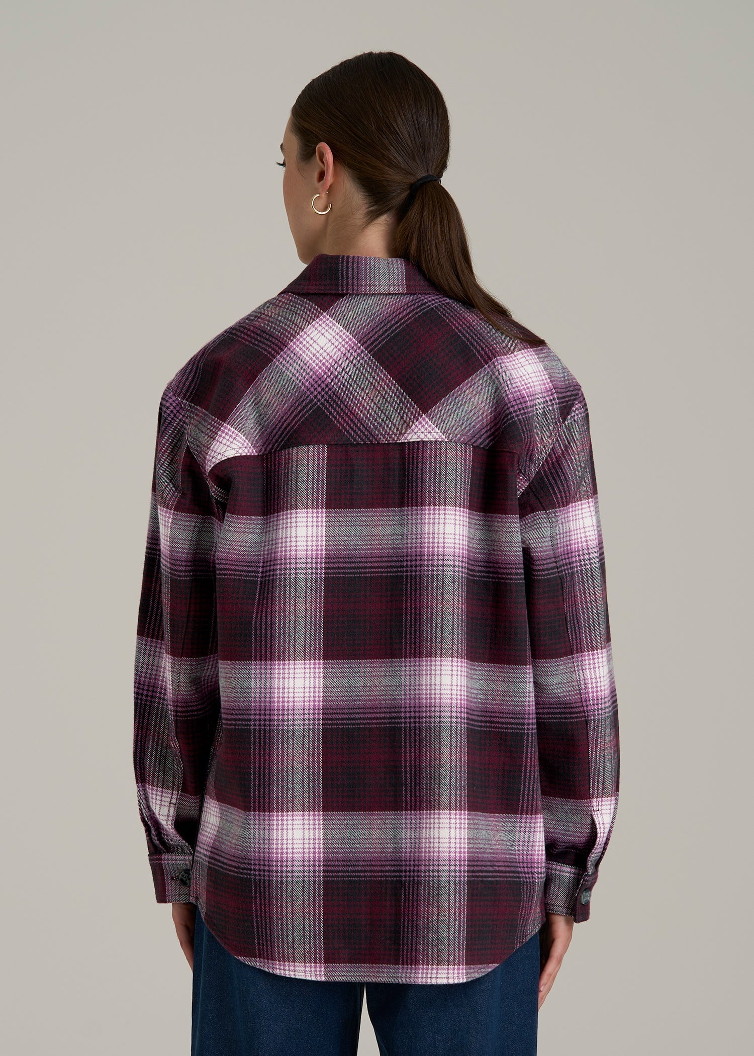 Flannel Shacket for Tall Women in Tawny Port Plaid