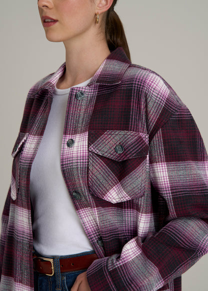 Flannel Shacket for Tall Women in Tawny Port Plaid
