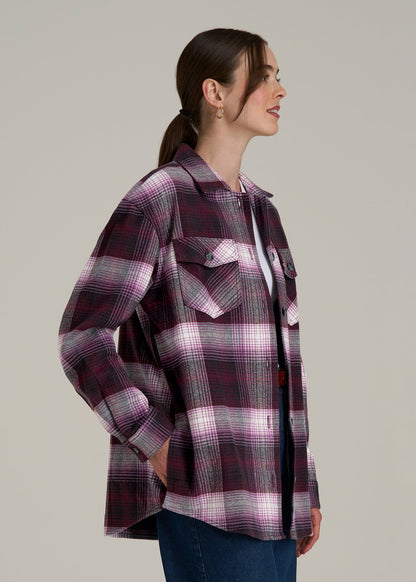 Flannel Shacket for Tall Women in Tawny Port Plaid