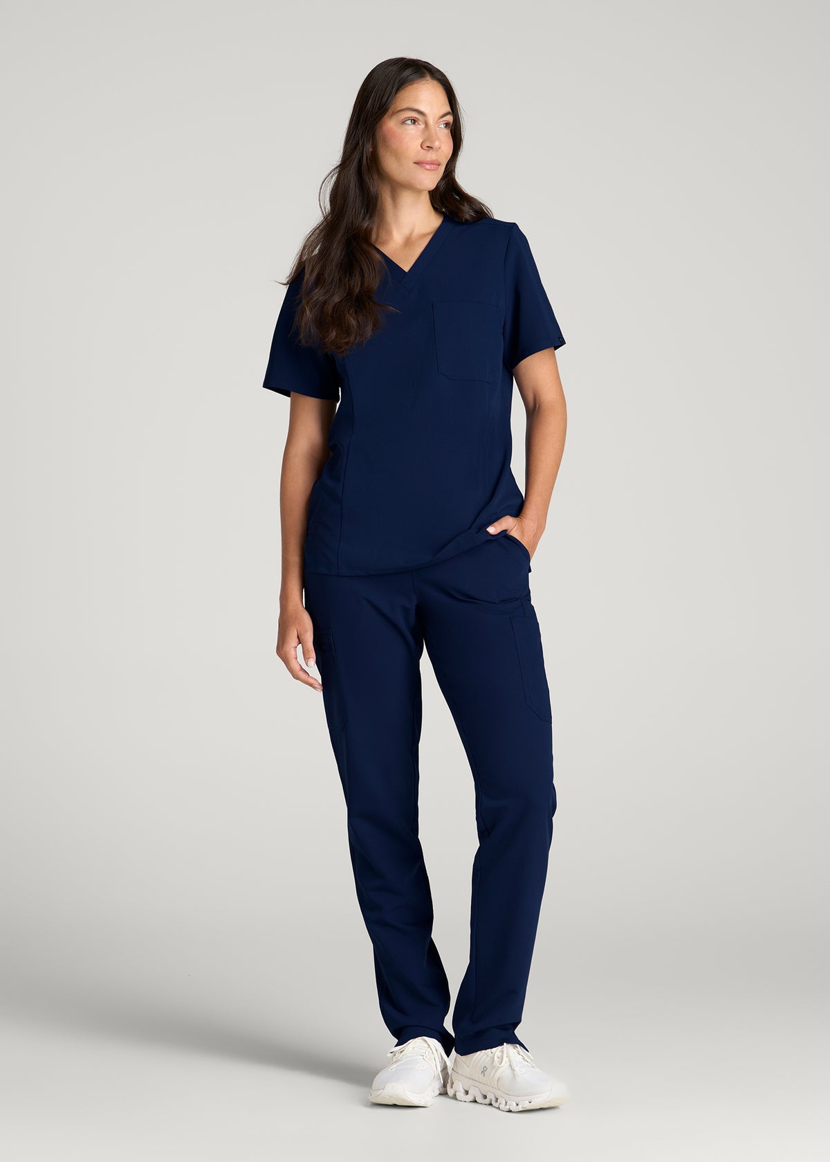 Short Sleeve V-Neck Scrub Top for Tall Women in Navy Blue