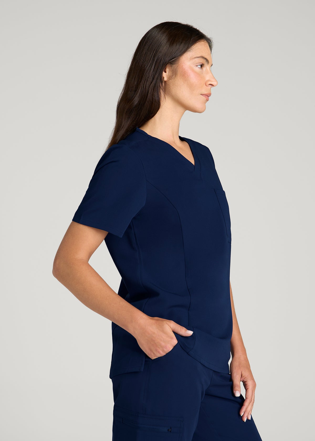 Short Sleeve V-Neck Scrub Top for Tall Women in Navy Blue