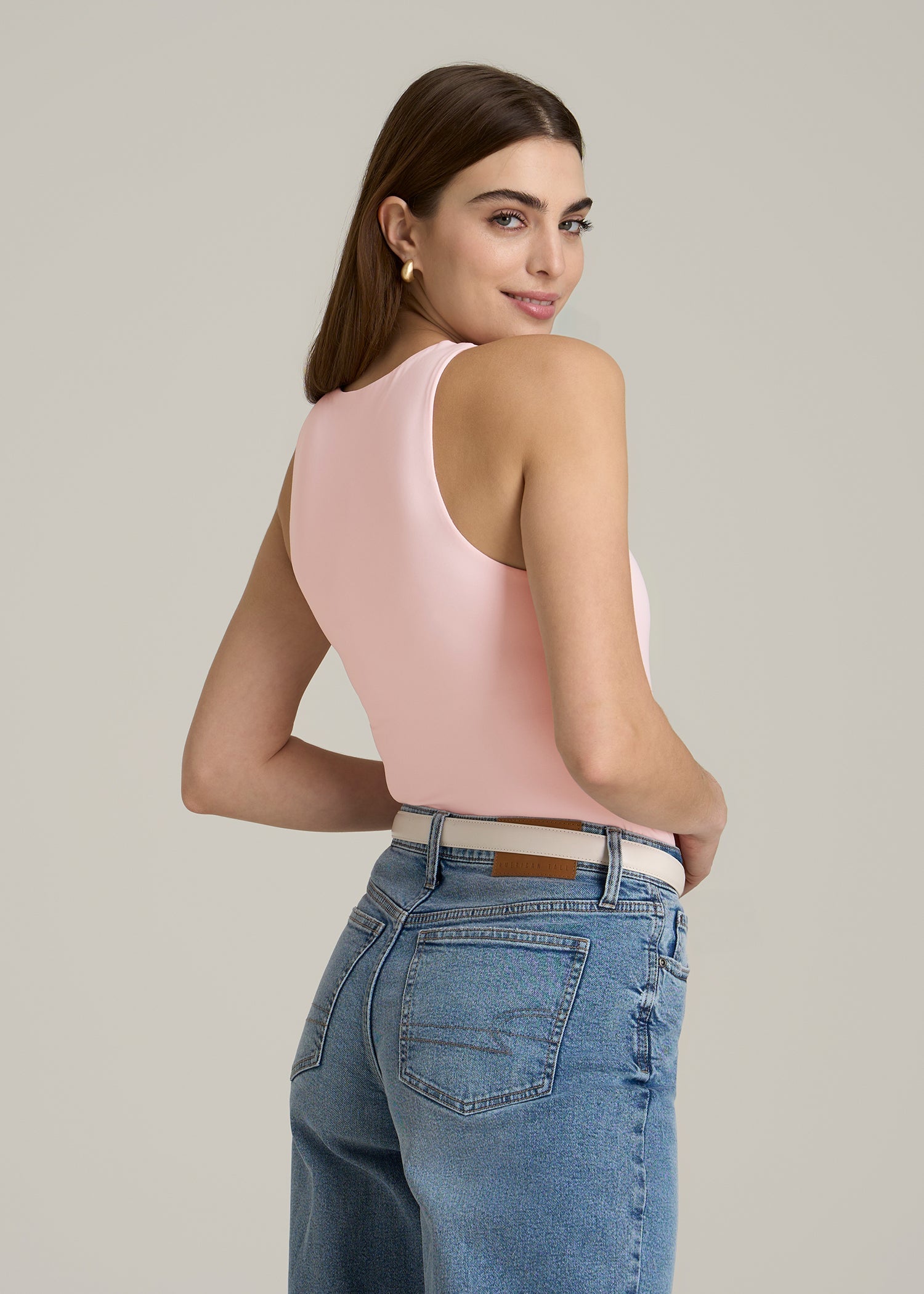 High Crewneck Sleeveless Bodysuit for Tall Women in Barely Pink