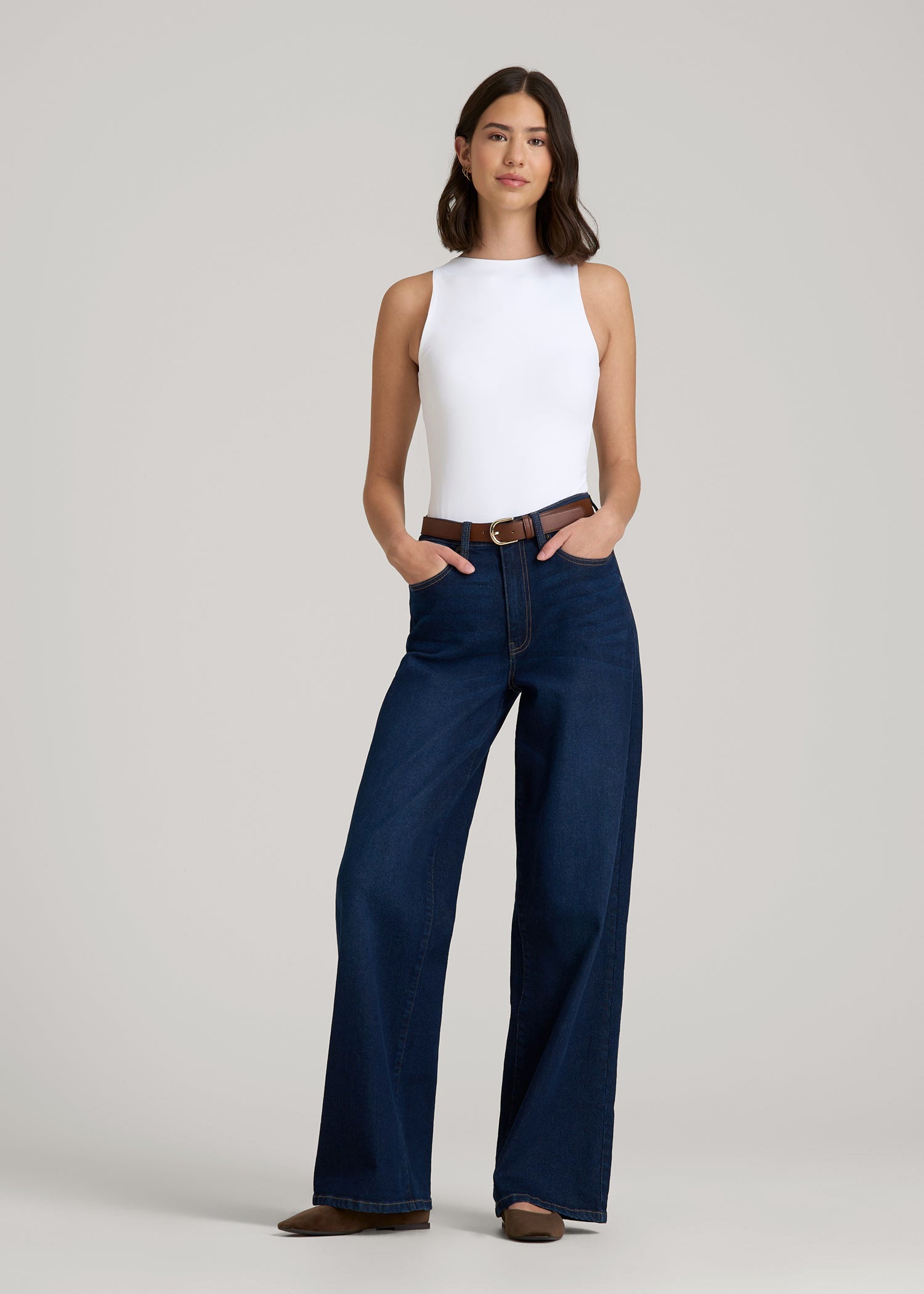 High Crewneck Sleeveless Bodysuit for Tall Women in Bright White
