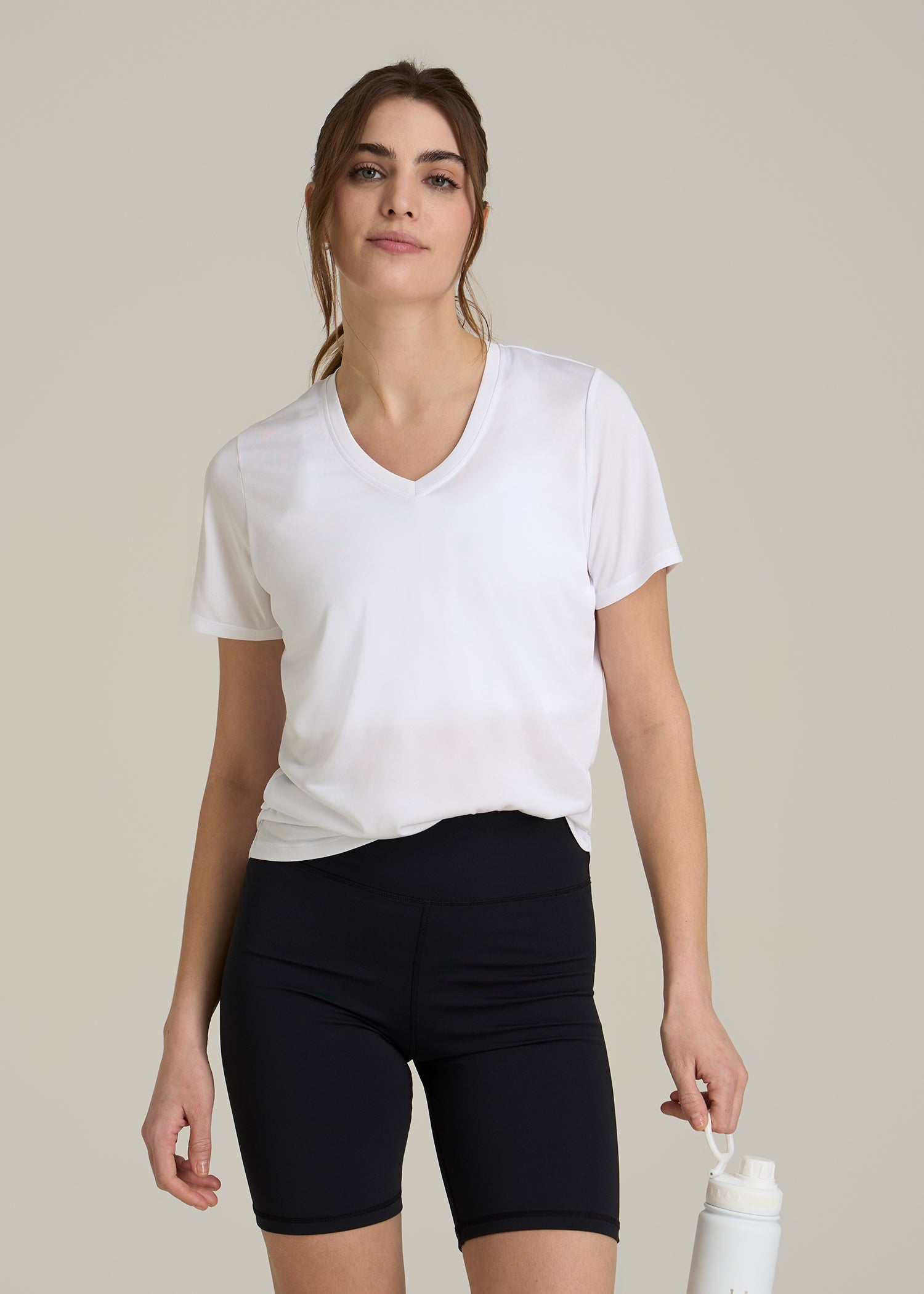 Short Sleeve Active V Neck T-Shirt for Tall Women in Optic White