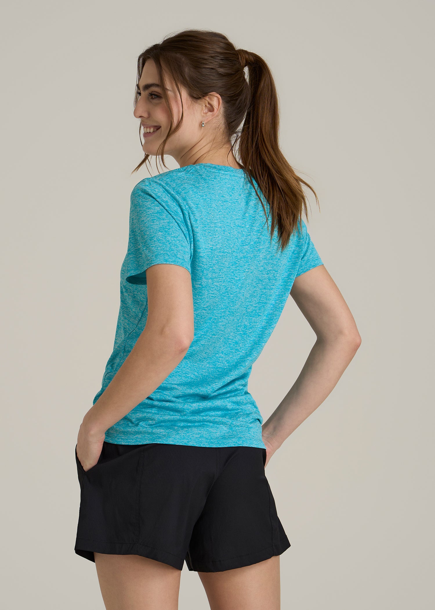 Short Sleeve Active V Neck T-Shirt for Tall Women in Scuba Blue Mix