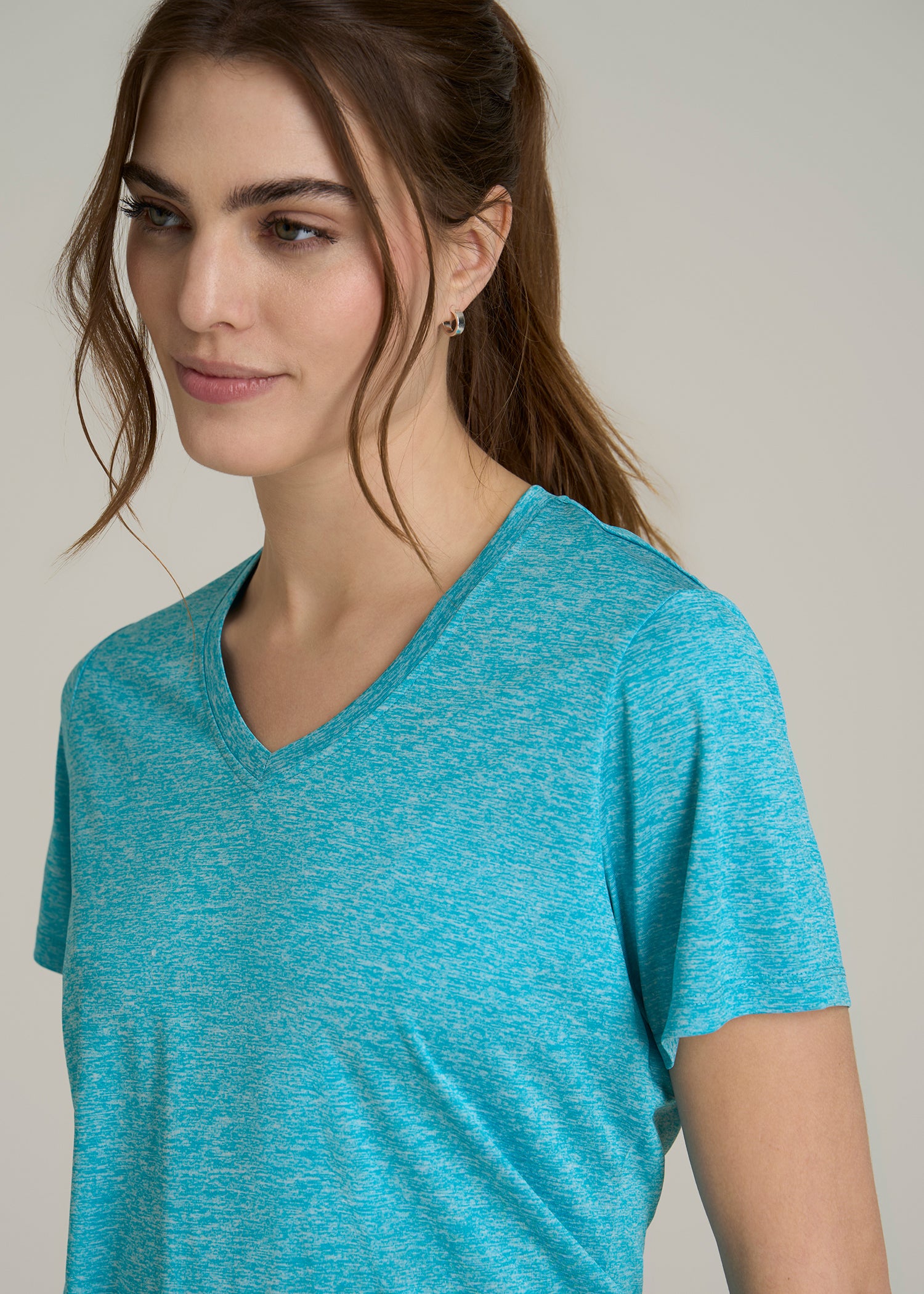 Short Sleeve Active V Neck T-Shirt for Tall Women in Scuba Blue Mix