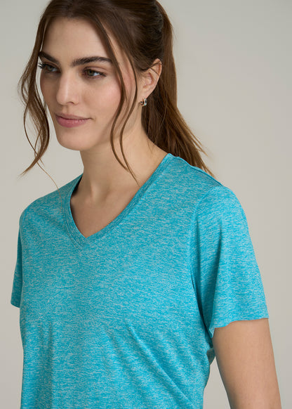 Short Sleeve Active V Neck T-Shirt for Tall Women in Scuba Blue Mix