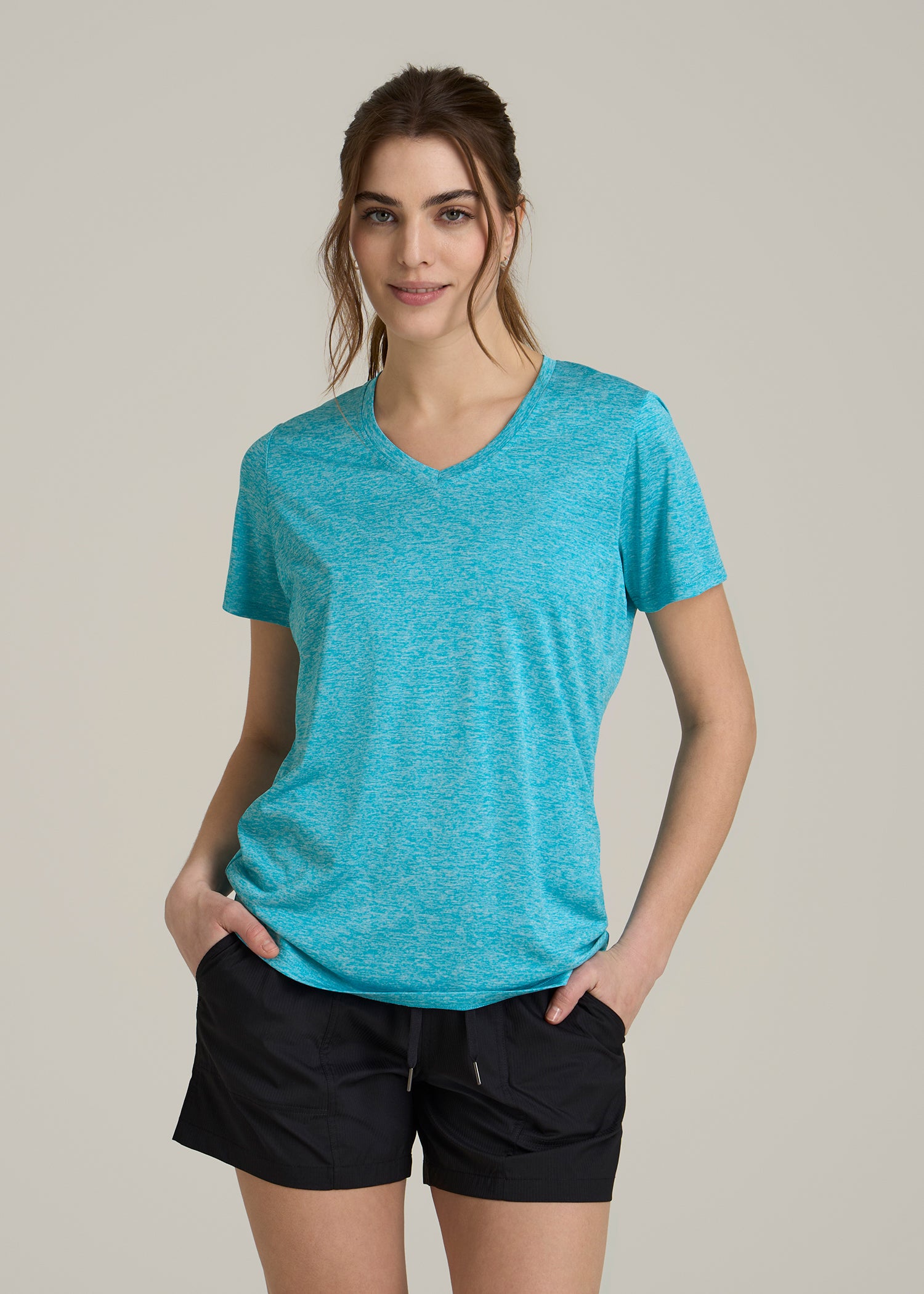 Short Sleeve Active V Neck T-Shirt for Tall Women in Scuba Blue Mix