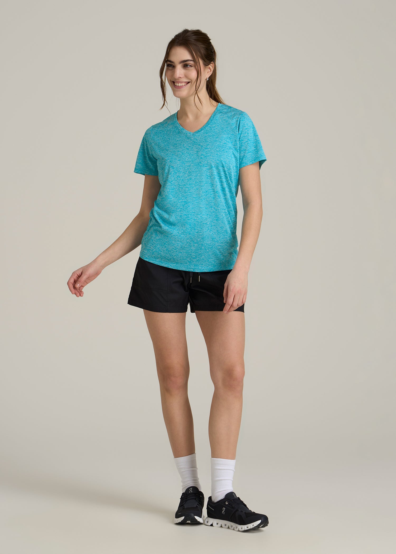 Short Sleeve Active V Neck T-Shirt for Tall Women in Scuba Blue Mix