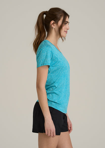 Short Sleeve Active V Neck T-Shirt for Tall Women in Scuba Blue Mix