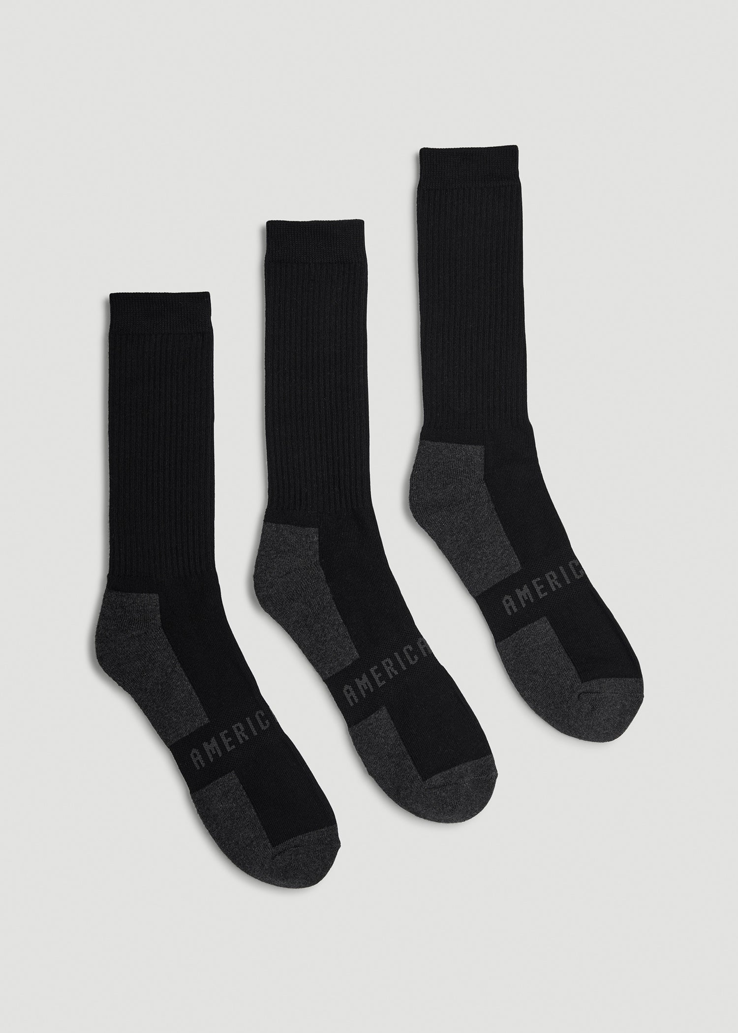 3-Pack Crew Socks for Tall Men in Black with Grey