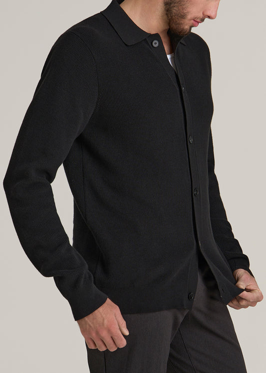 Sweater Polo Cardigan for Tall Men in Black