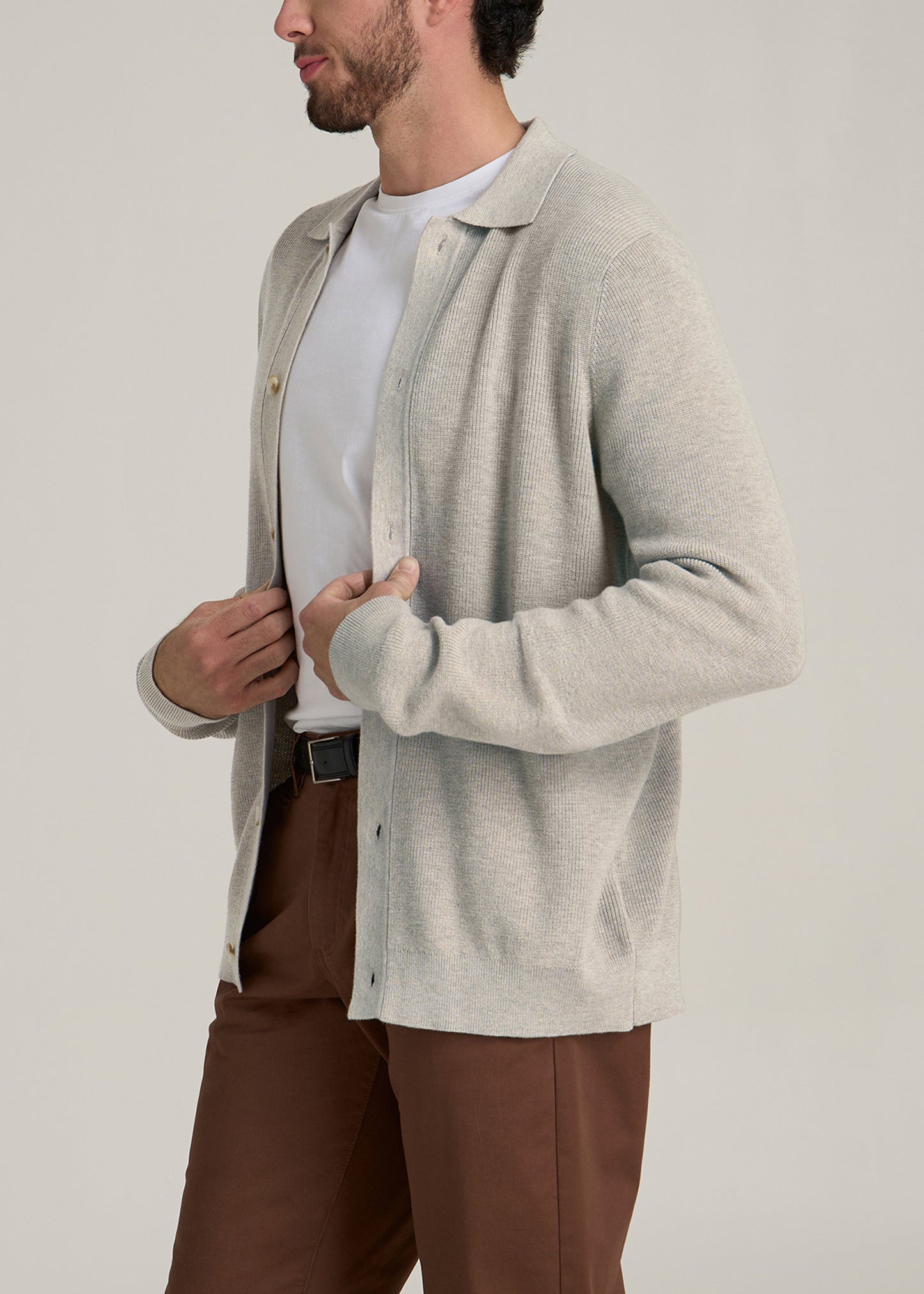 Sweater Polo Cardigan for Tall Men in Cream Beige