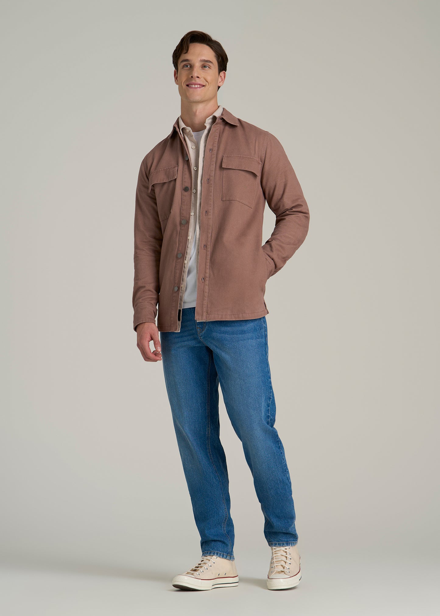 Casual Twill Shirt Jacket for Tall Men in Nutmeg