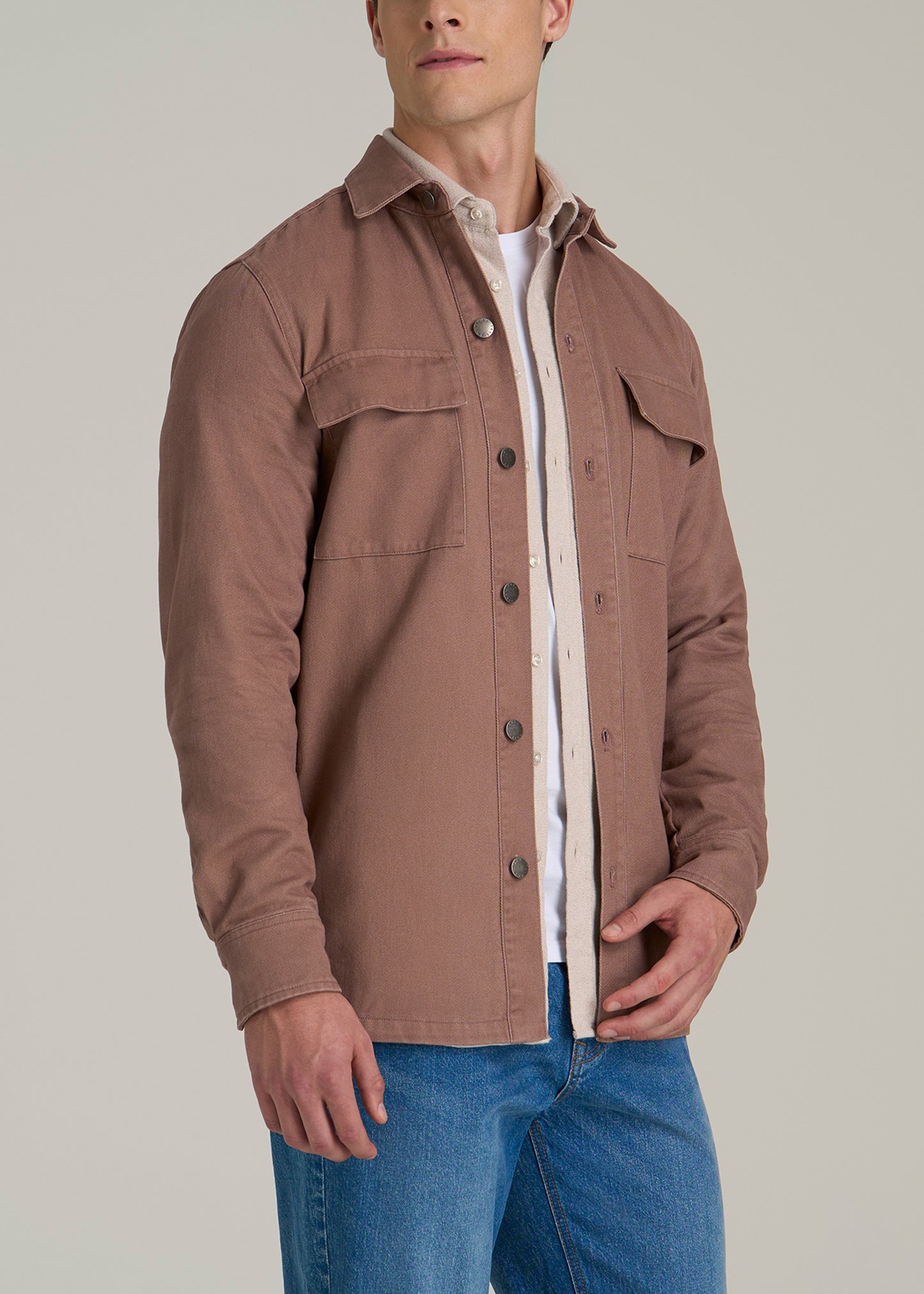 Casual Twill Shirt Jacket for Tall Men in Nutmeg