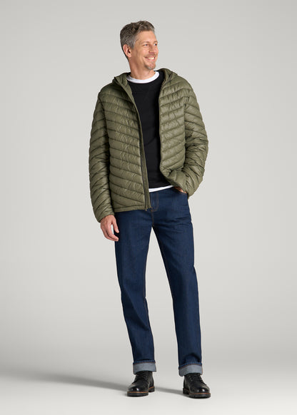 Packable Puffer Jacket for Tall Men in Olive
