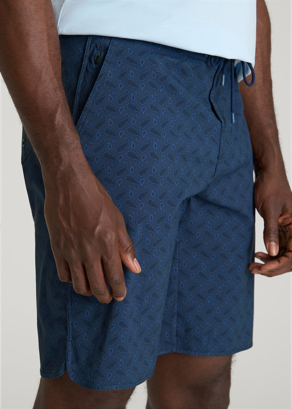 Stretch Board Shorts for Tall Men in Navy Blue Paisley