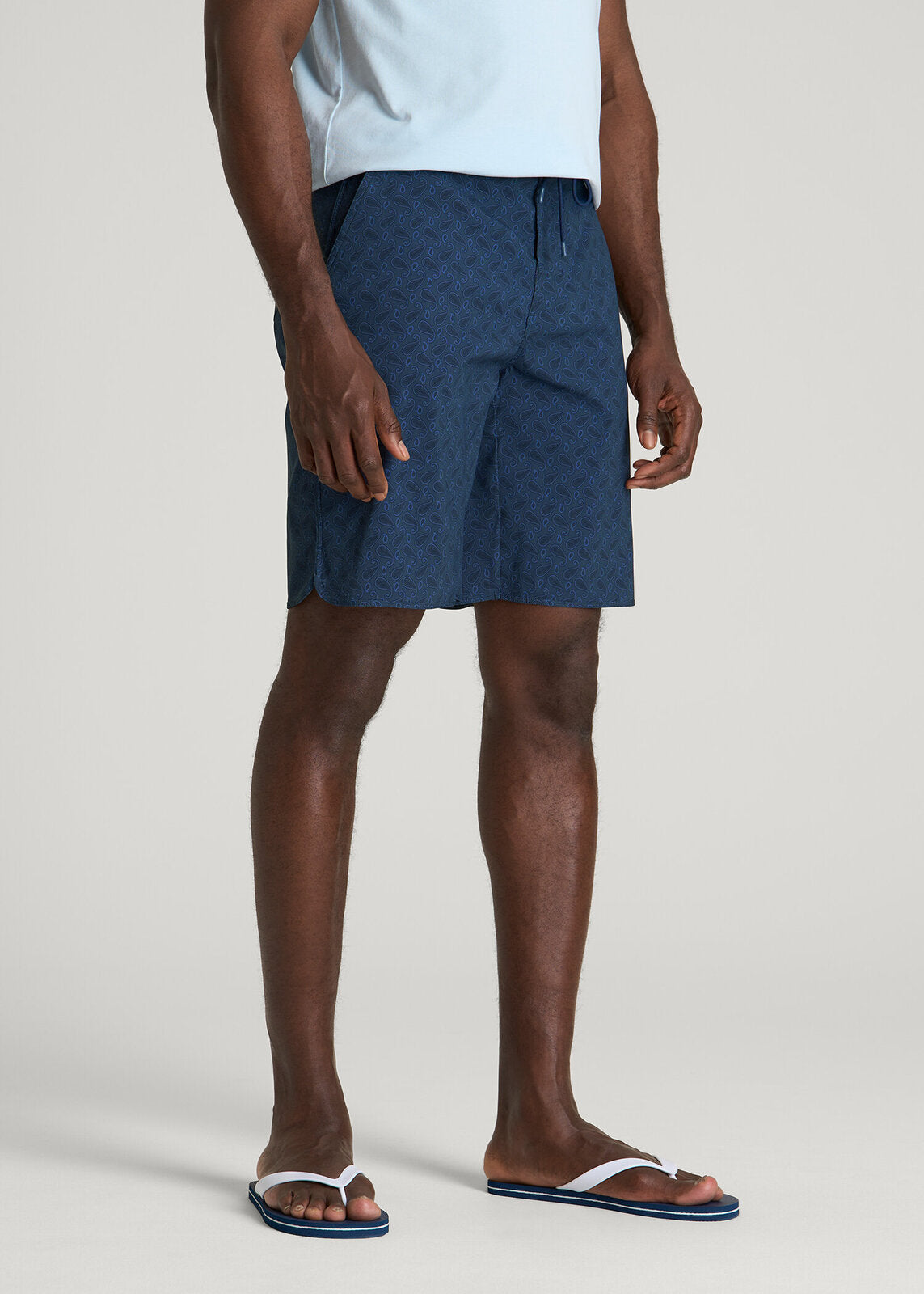 Stretch Board Shorts for Tall Men in Navy Blue Paisley