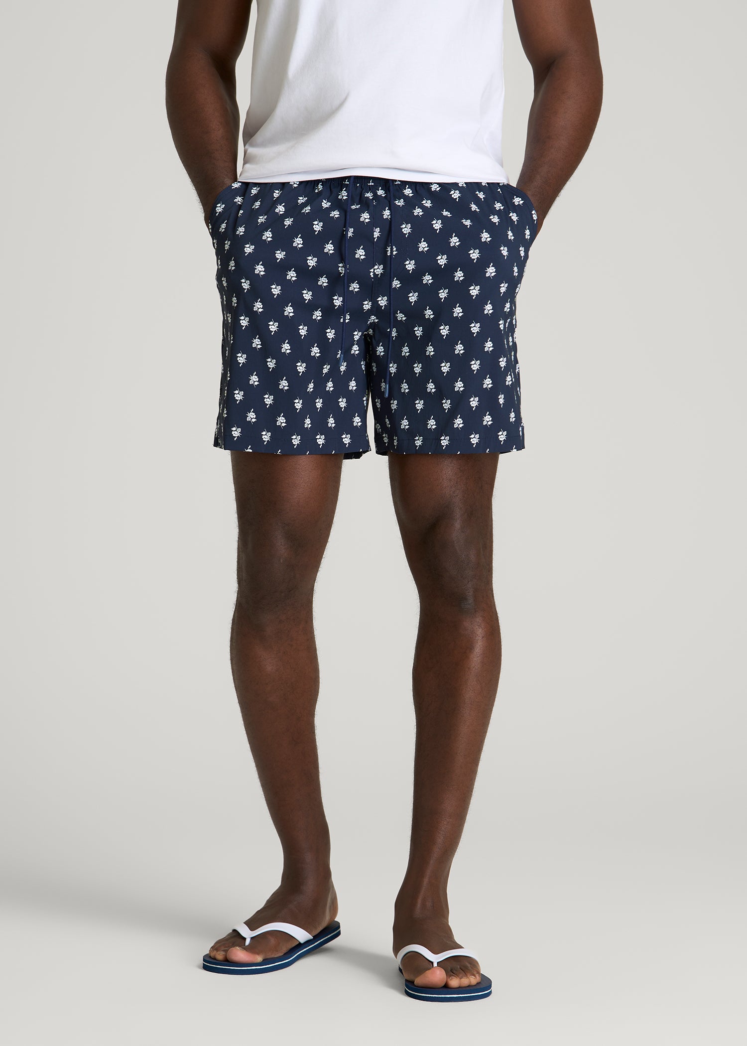 Stretch Swim Shorts for Tall Men in Navy Blue Floral