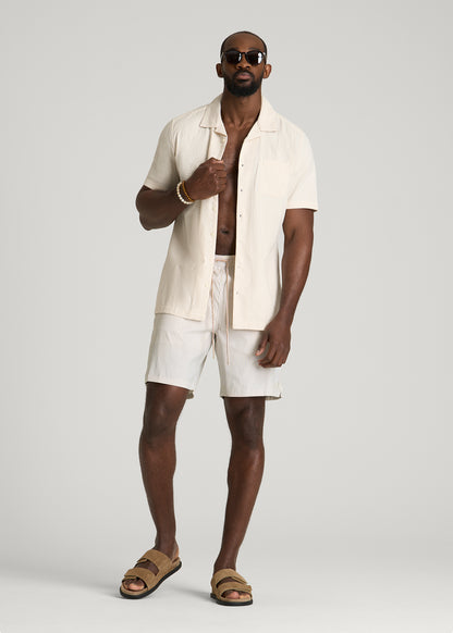 Stretch Swim Shorts for Tall Men in White and Oatmeal Stripe