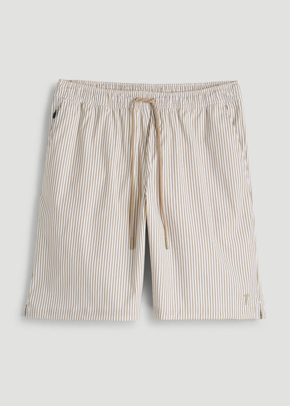 Stretch Swim Shorts for Tall Men in White and Oatmeal Stripe