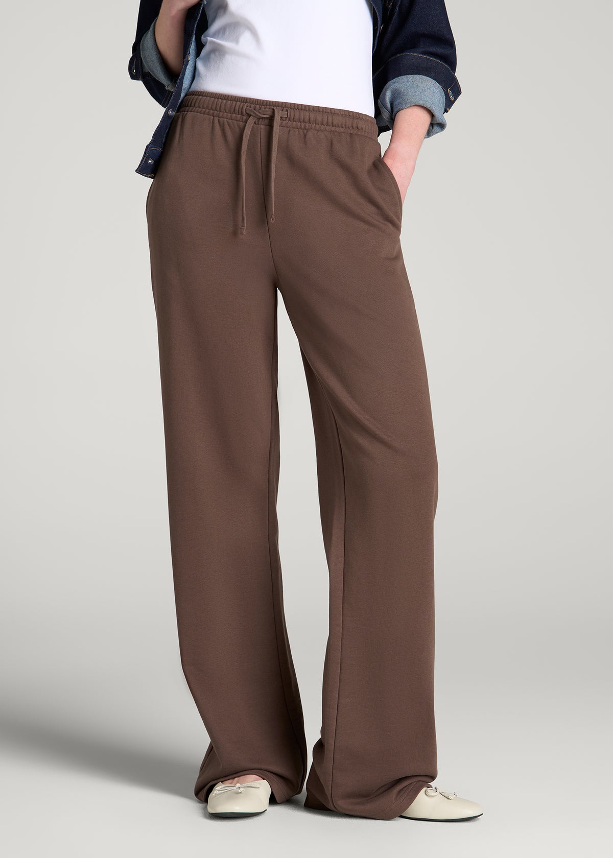Everyday French Terry Mid Rise Wide Leg Pants for Tall Women in Coffee Quartz