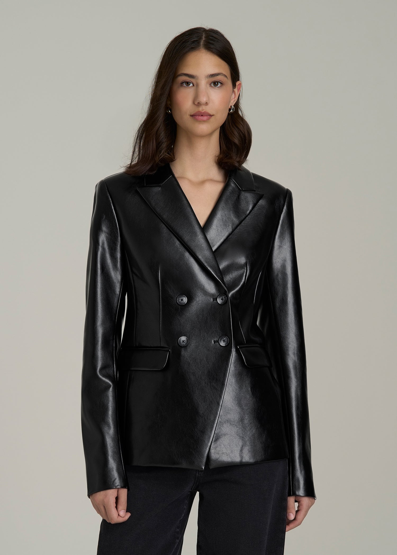 True Touch Leather Double Breasted Blazer for Tall Women in Black