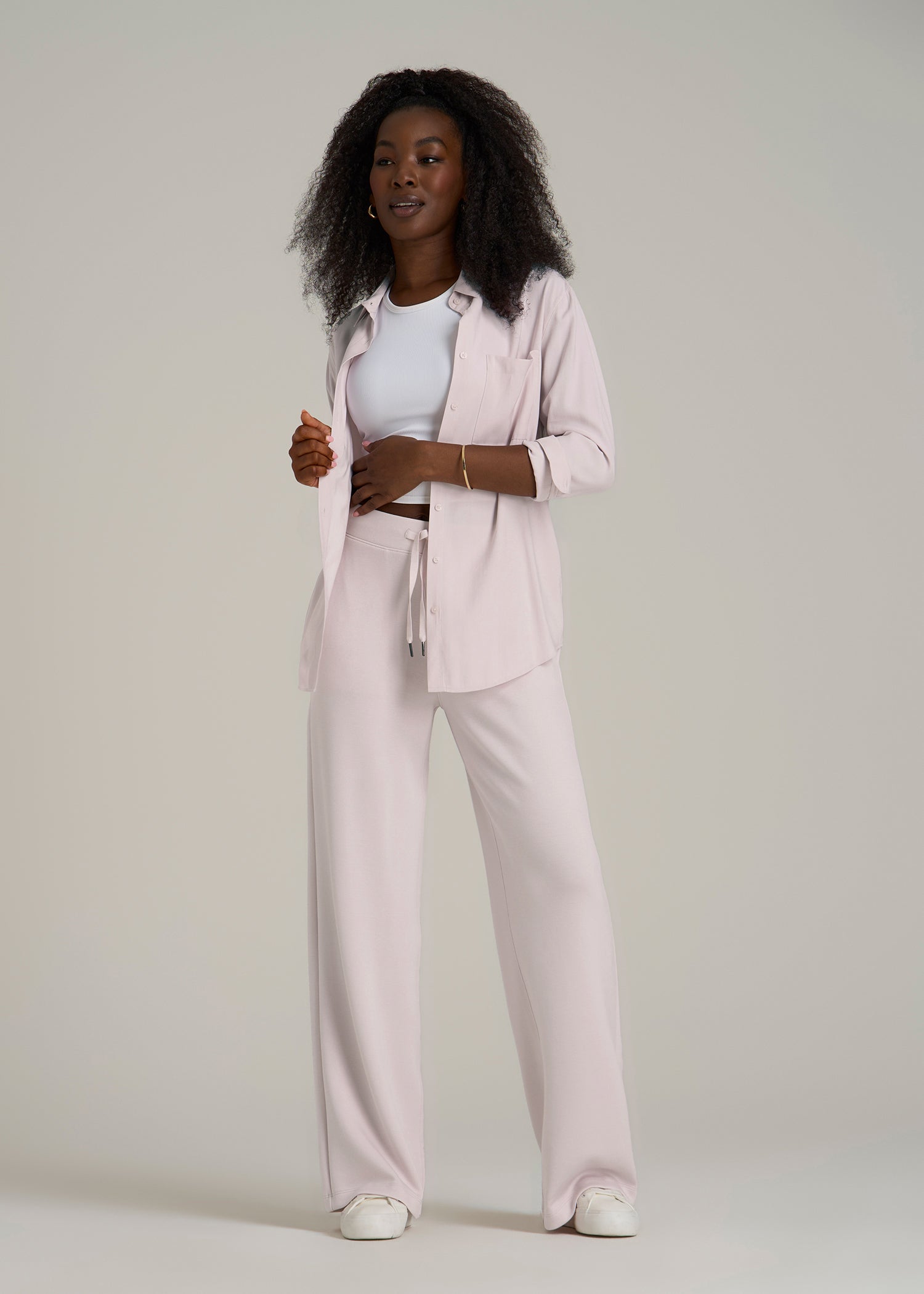 Pull-On Tie Waist Wide Leg Pants for Tall Women in Grey Lilac