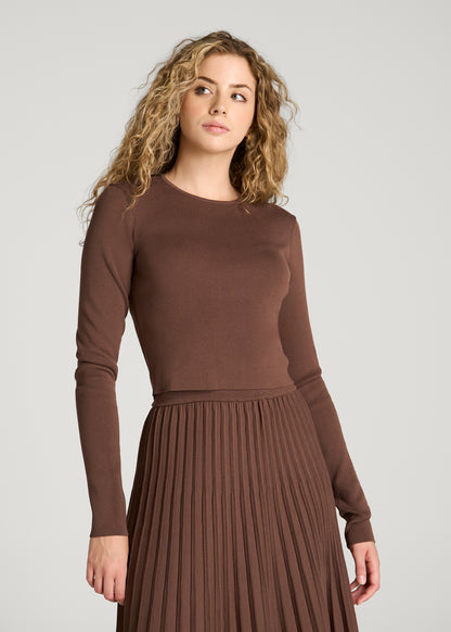 Structured Knit Cropped Long Sleeve Top for Tall Women in Deep Caramel
