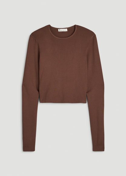 Structured Knit Cropped Long Sleeve Top for Tall Women in Deep Caramel