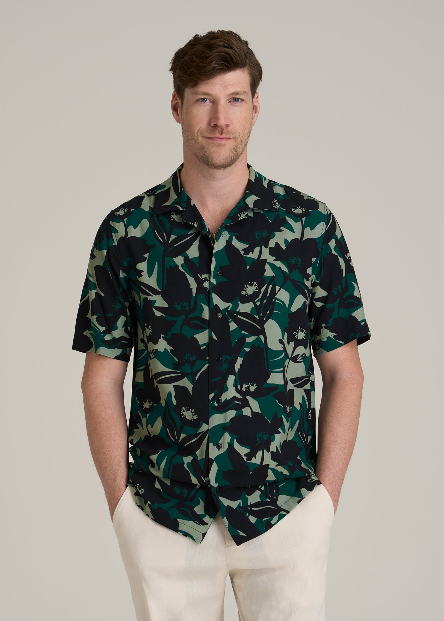Short Sleeve Resort Shirt for Tall Men in Green and Black Floral