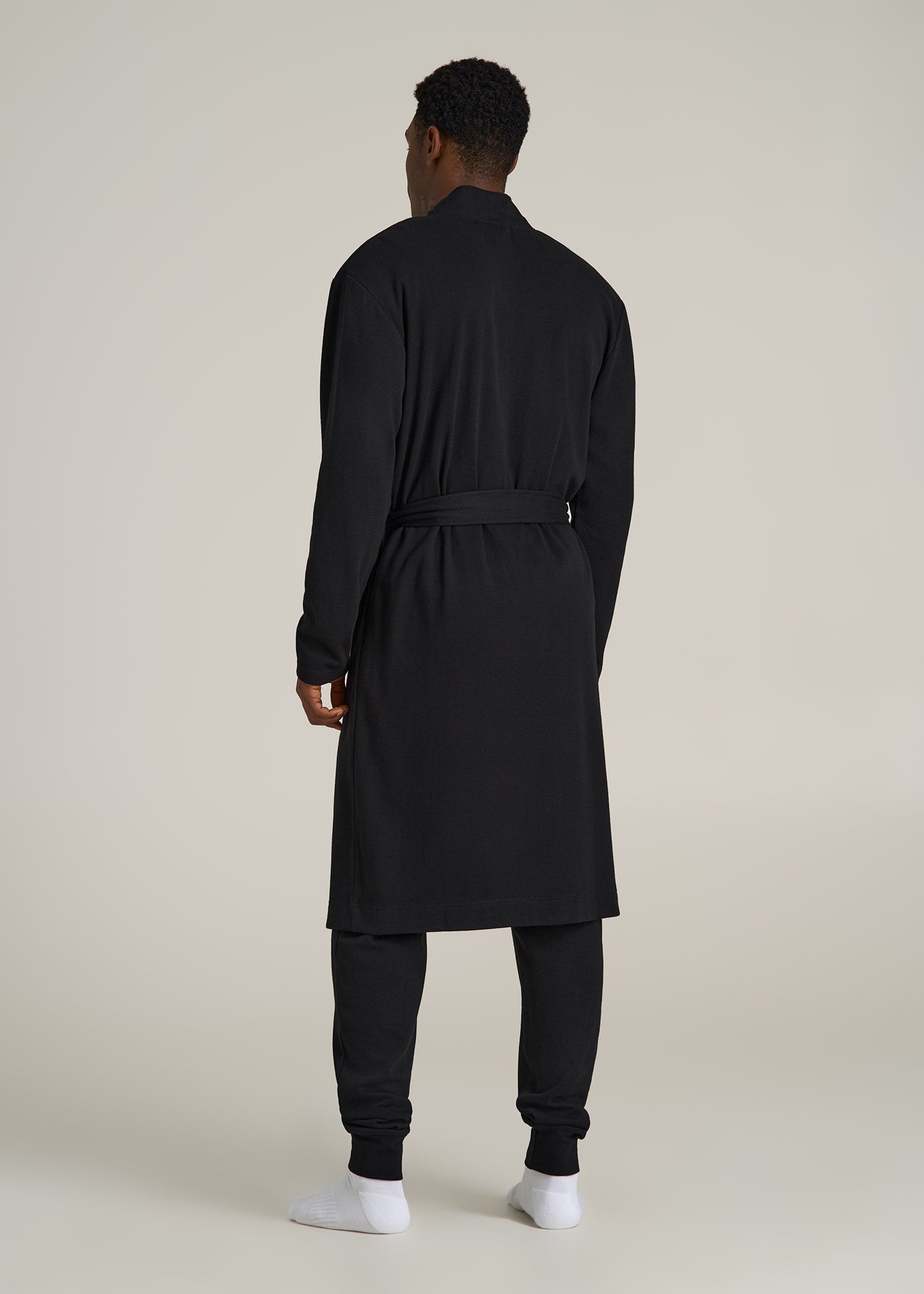 Waffle-Knit Lounge Robe for Tall Men in Black