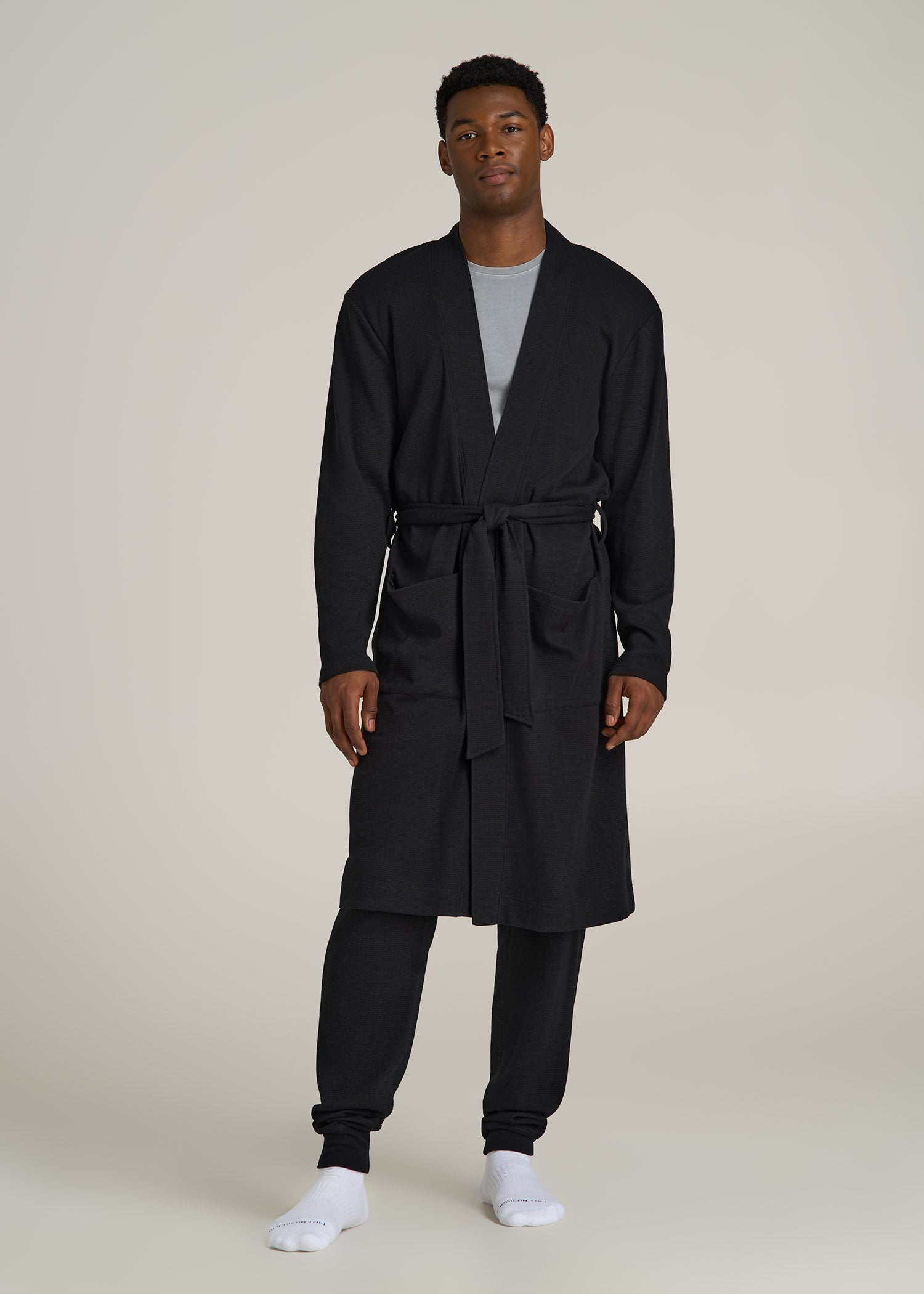 Waffle-Knit Lounge Robe for Tall Men in Black