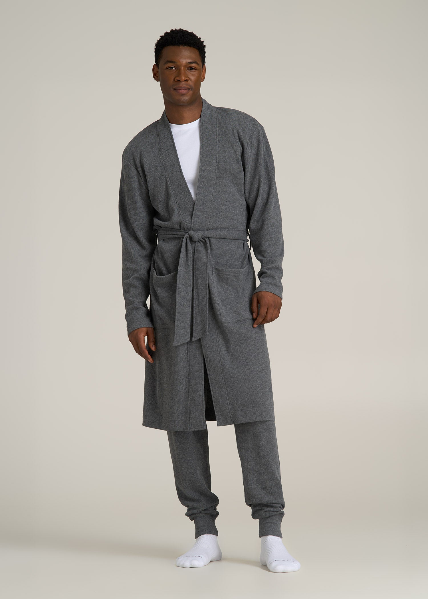 Waffle-Knit Lounge Robe for Tall Men in Stone Grey Mix