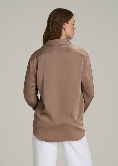 Relaxed Button-Up Blouse for Tall Women in Latte