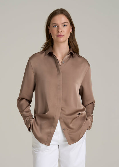 Relaxed Button-Up Blouse for Tall Women in Latte