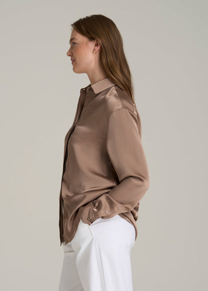 Relaxed Button-Up Blouse for Tall Women in Latte